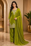 Olive Green ROMAN GLASS Embroidered 3-Piece Suit Set