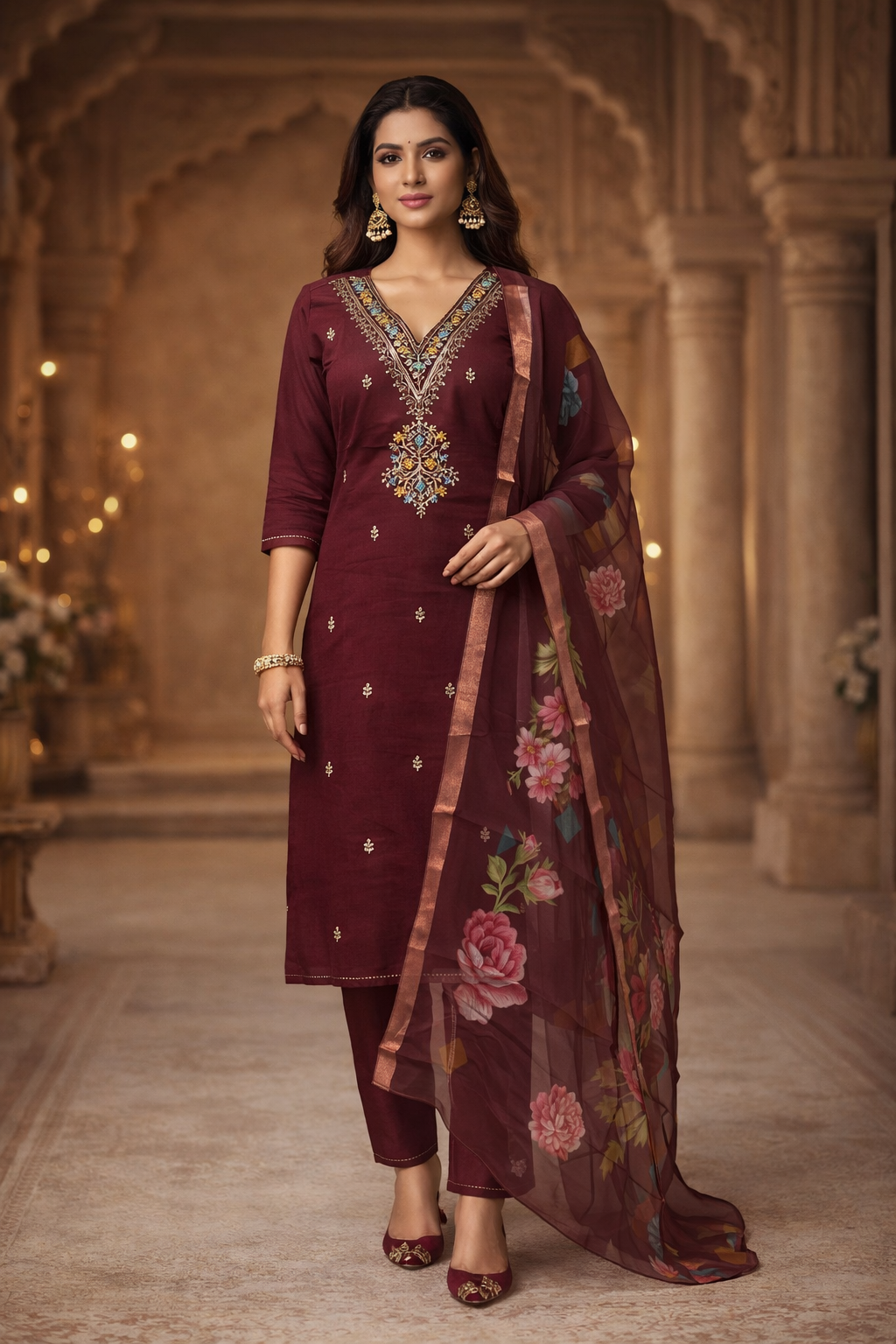 Elegant Roman Silk Kurti Set with Digital Floral Dupatta – Kurtiwala Nagpur