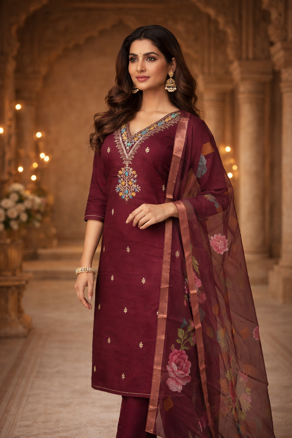 Elegant Roman Silk Kurti Set with Digital Floral Dupatta – Kurtiwala Nagpur