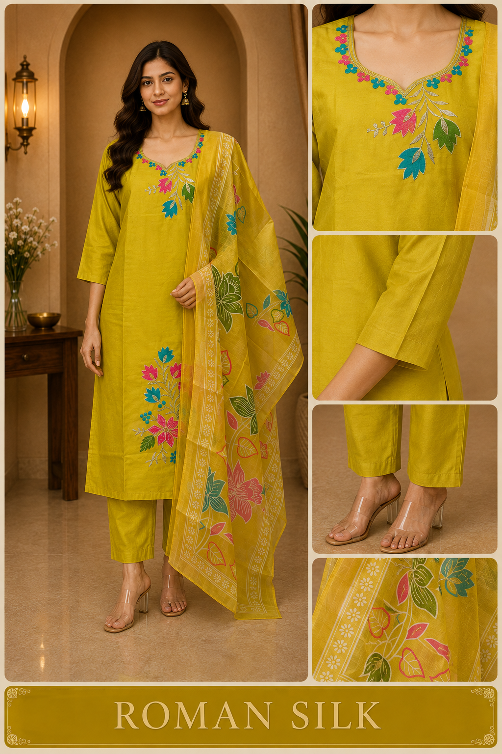 Yellow ROMAN SILK Embroidered 3-Piece Ethnic Suit Set