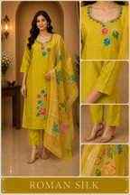 Yellow ROMAN SILK Embroidered 3-Piece Ethnic Suit Set