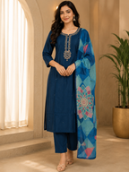 Deep Navy Blue ROMAN SILK Embroidered 3-Piece Suit Set