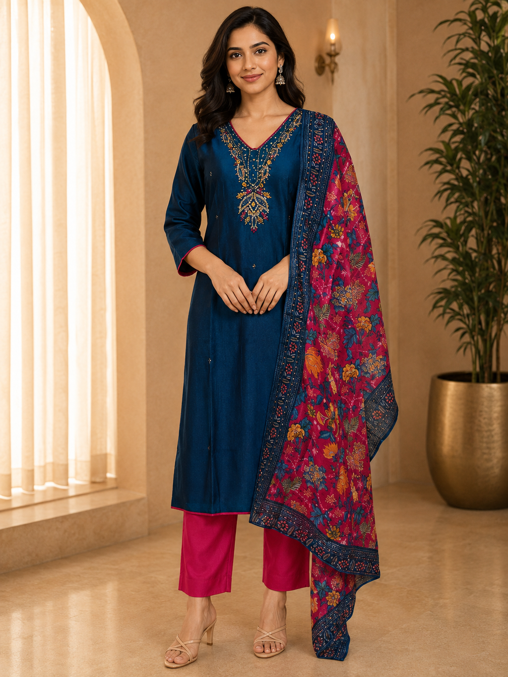 Teal Blue ROMAN SILK Embroidered 3-Piece Ethnic Suit Set
