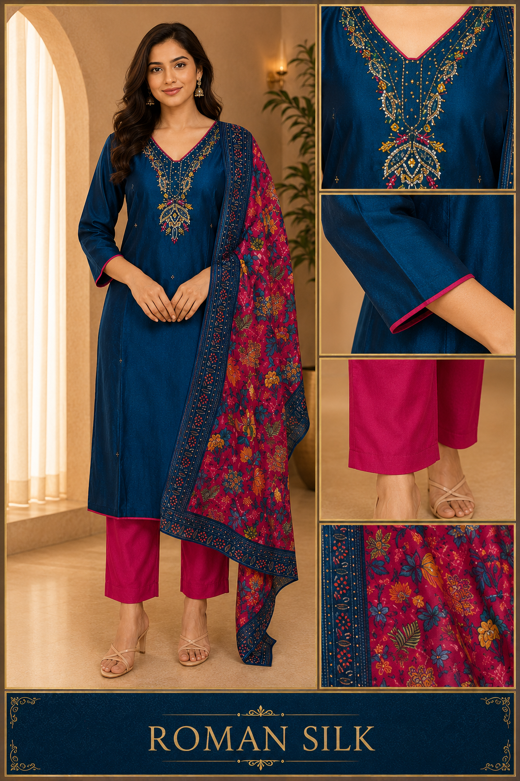 Teal Blue ROMAN SILK Embroidered 3-Piece Ethnic Suit Set