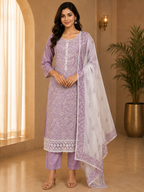 Lavender ROMAN SILK Printed & Embroidered 3-Piece Ethnic Suit Set