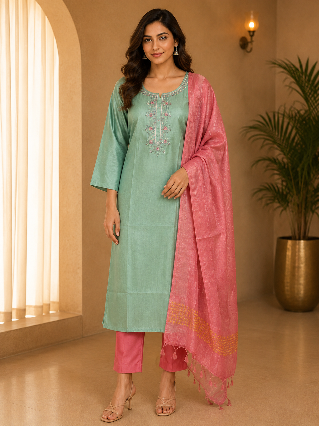 Mint Green & Pink ROMAN SILK Embroidered 3-Piece Ethnic Suit Set