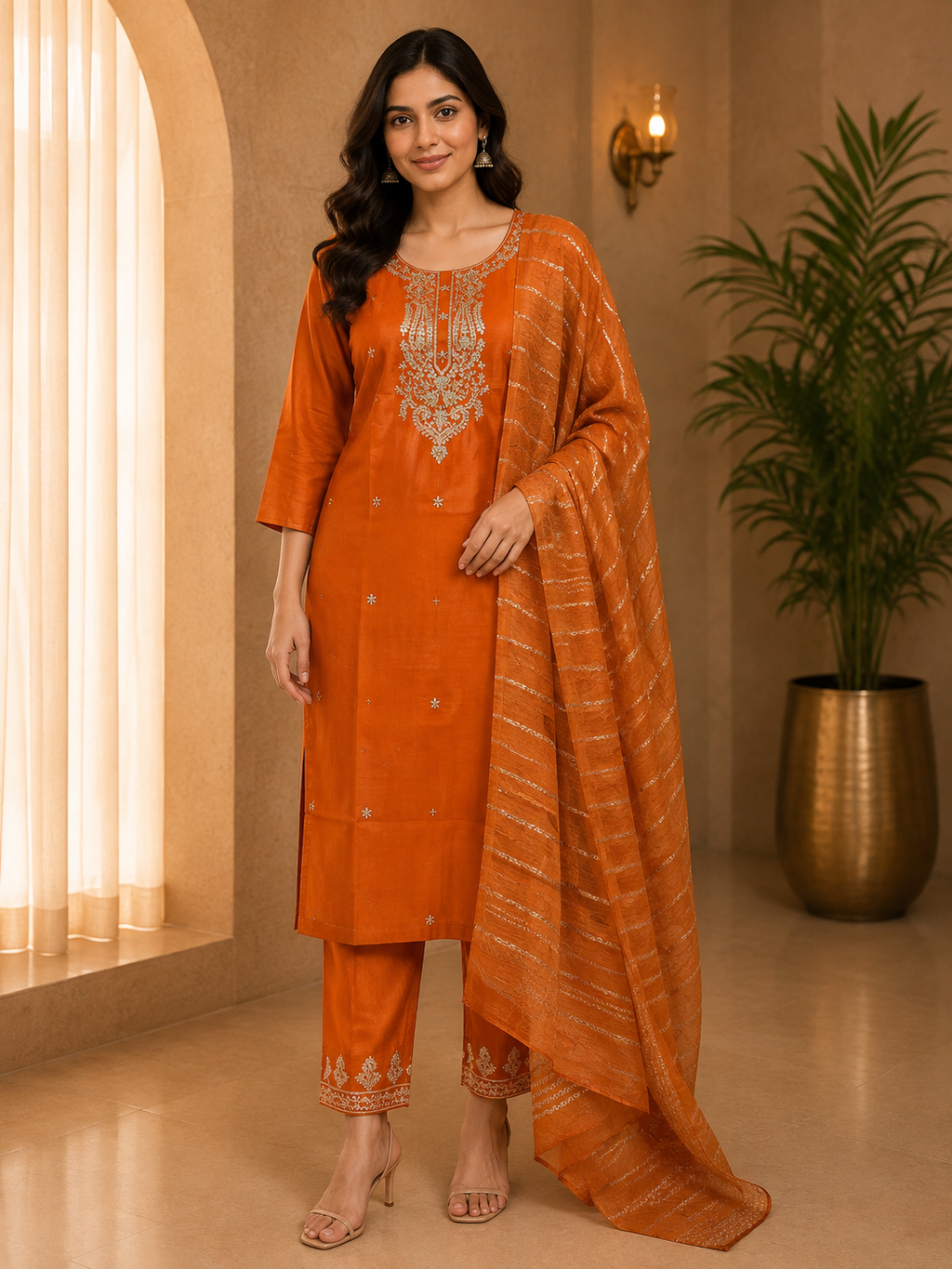 Rust Orange ROMAN SILK Embroidered 3-Piece Ethnic Suit Set