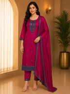 Magenta Pink ROMAN SILK Embroidered 3-Piece Ethnic Suit Set