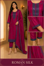 Magenta Pink ROMAN SILK Embroidered 3-Piece Ethnic Suit Set