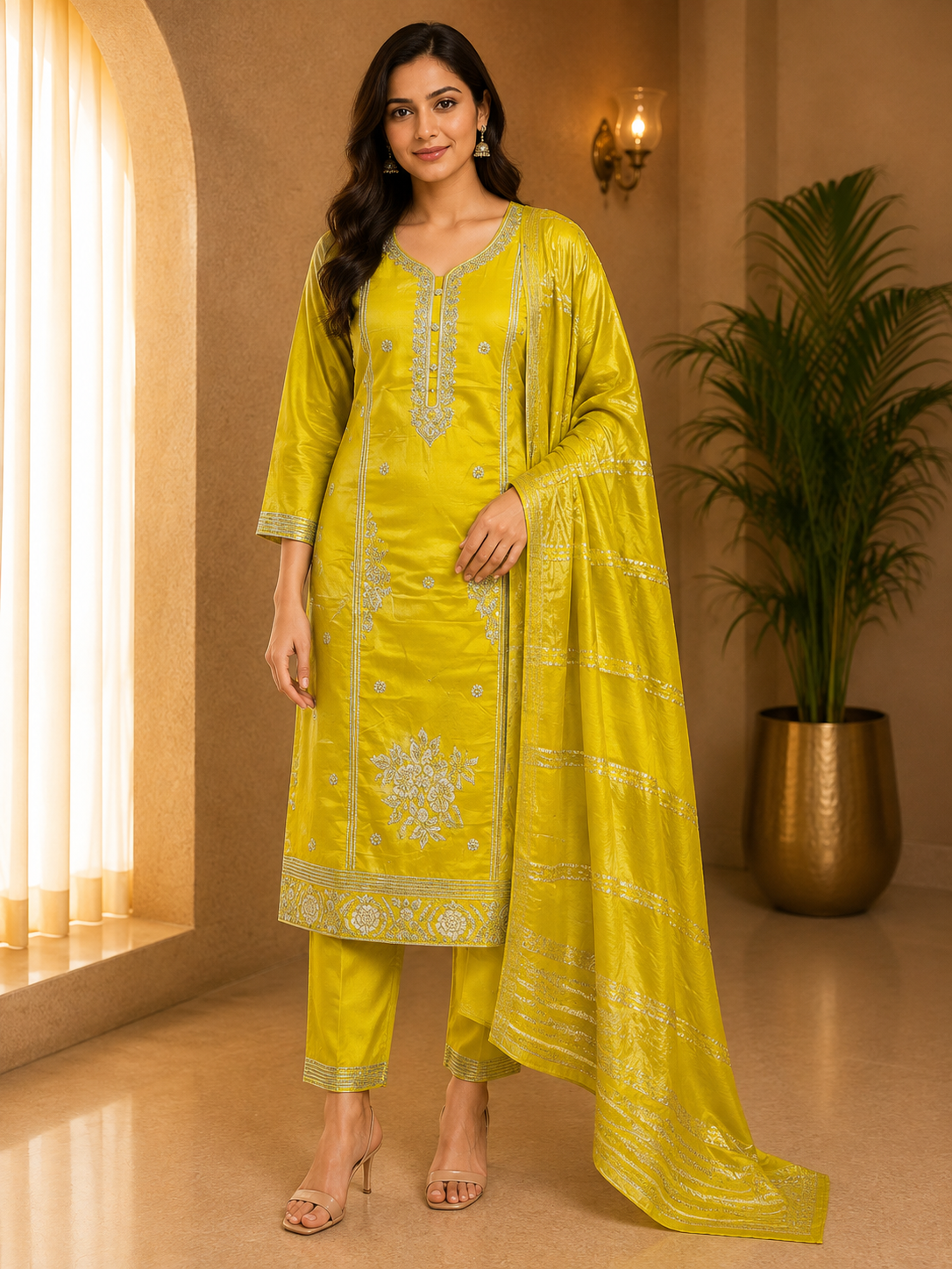 Bright Yellow ROMAN SILK Embroidered 3-Piece Ethnic Suit Set