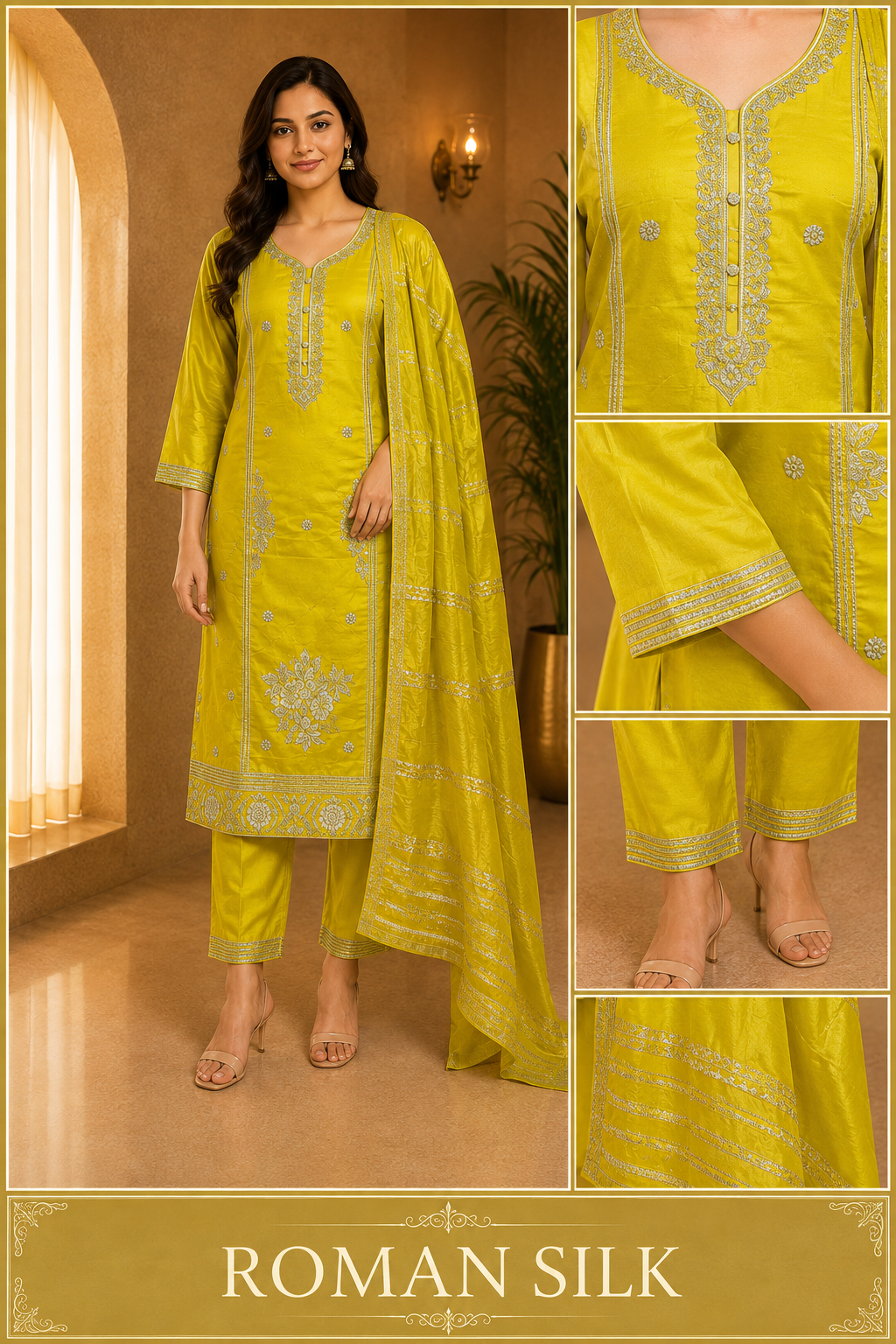 Bright Yellow ROMAN SILK Embroidered 3-Piece Ethnic Suit Set