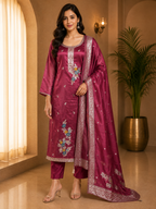 Burgundy Floral Embroidered SHIMAR FABRIC 3-Piece Ethnic Suit Set