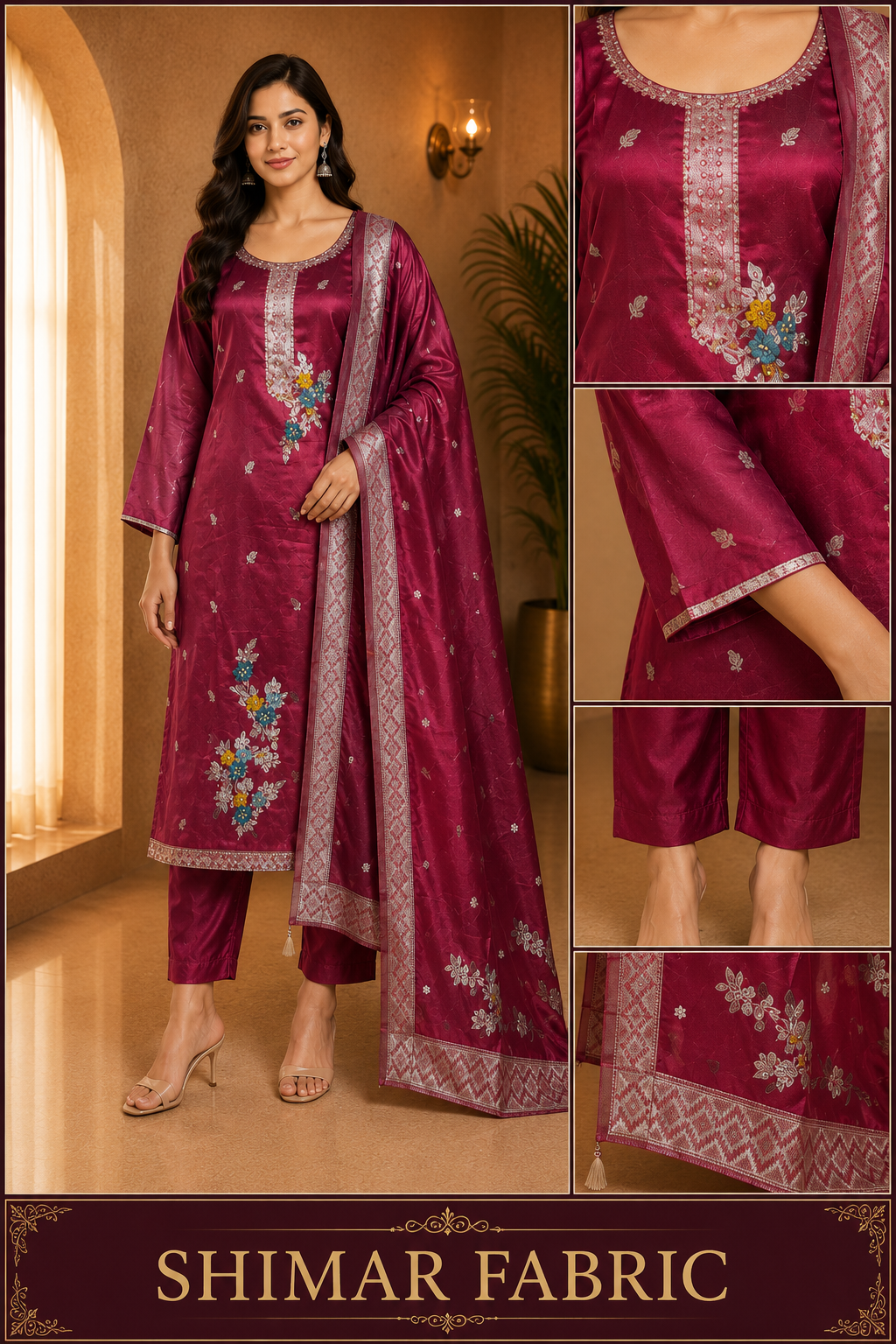 Burgundy Floral Embroidered SHIMAR FABRIC 3-Piece Ethnic Suit Set