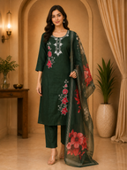 Bottle Green ROMAN SILK Floral Embroidered 3-Piece Suit Set