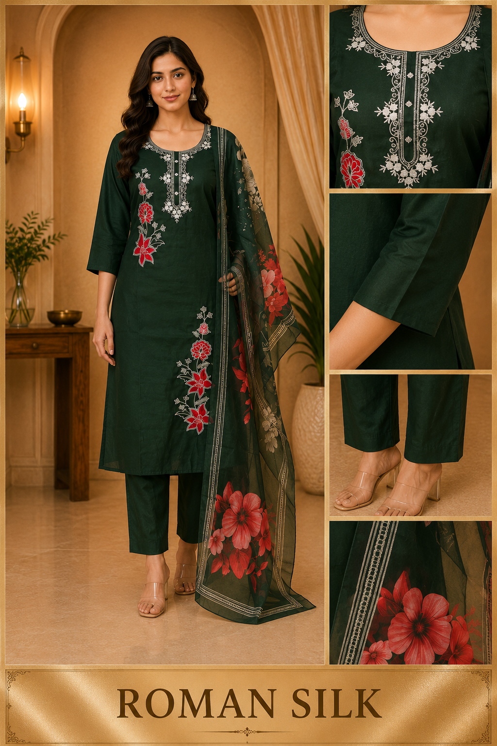 Bottle Green ROMAN SILK Floral Embroidered 3-Piece Suit Set