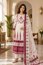 White Mull Cotton Round Kurti 3-Piece Set with Pant & Dupatta
