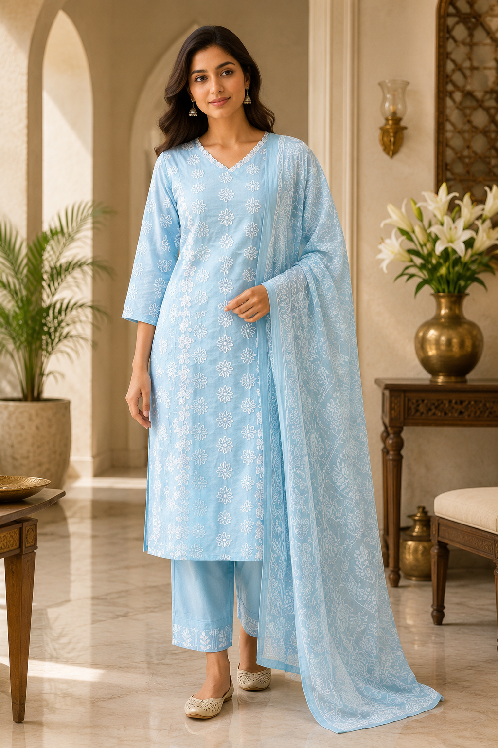 Sky Blue Mull Cotton Straight Kurti 3-Piece Set with Pant & Dupatta