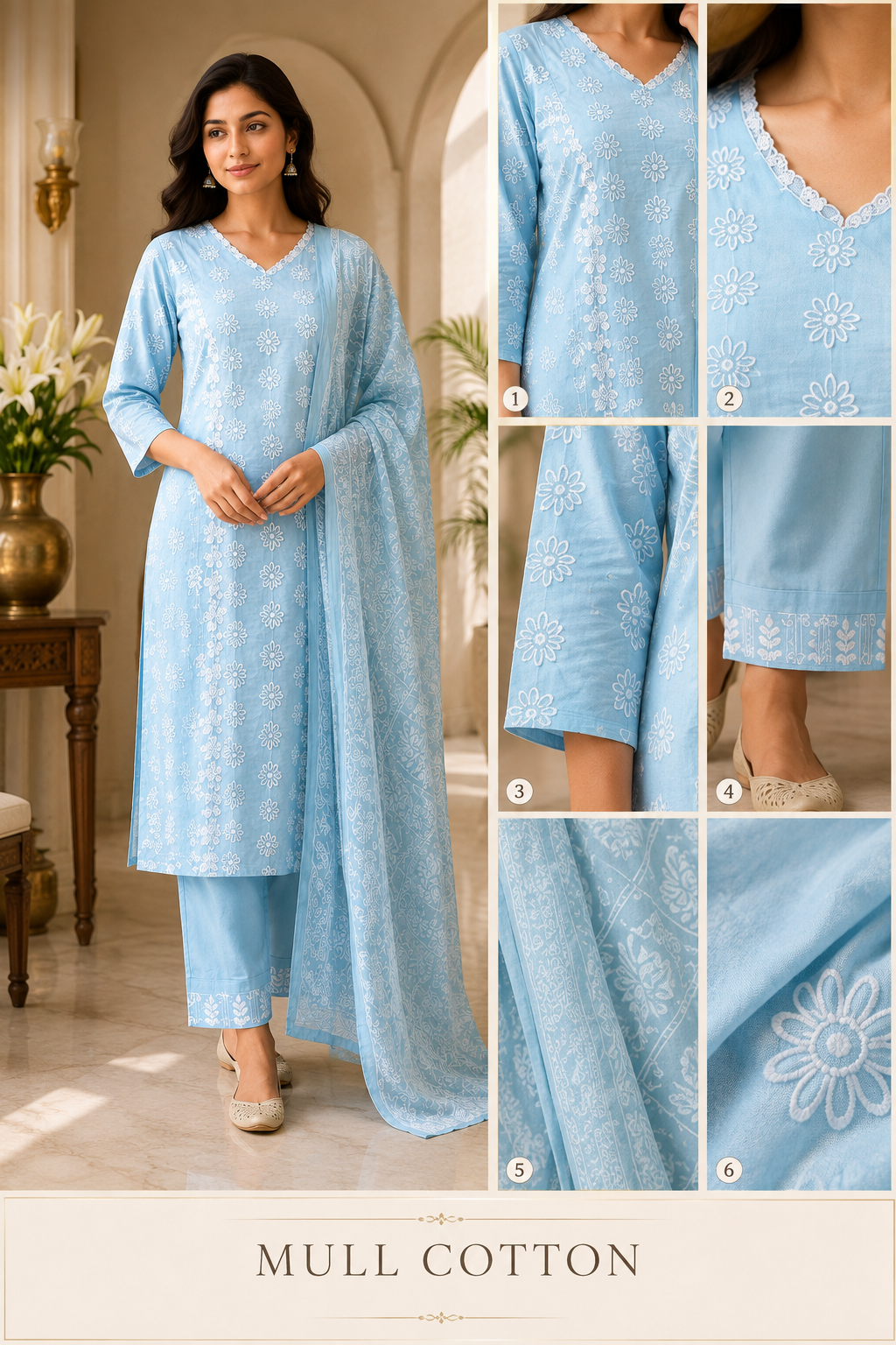 Sky Blue Mull Cotton Straight Kurti 3-Piece Set with Pant & Dupatta