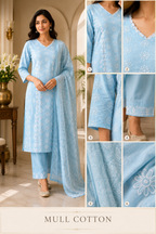 Sky Blue Mull Cotton Straight Kurti 3-Piece Set with Pant & Dupatta
