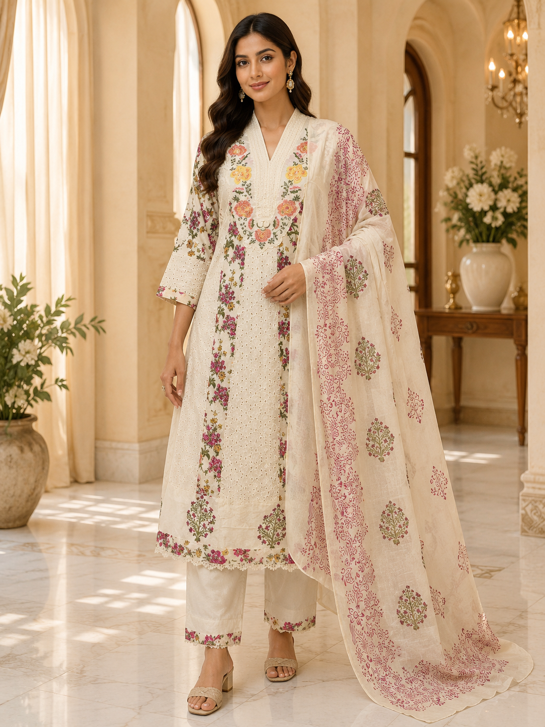 Ivory Mull Cotton Round Kurti 3-Piece Set with Pant & Dupatta