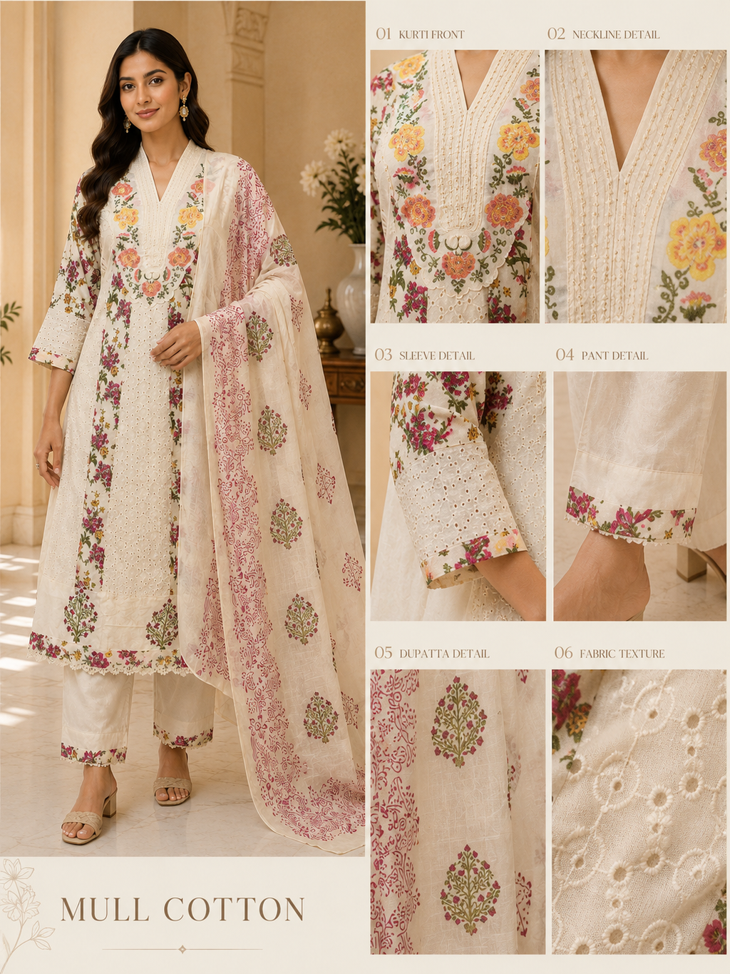 Ivory Mull Cotton Round Kurti 3-Piece Set with Pant & Dupatta