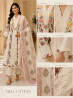 Ivory Mull Cotton Round Kurti 3-Piece Set with Pant & Dupatta