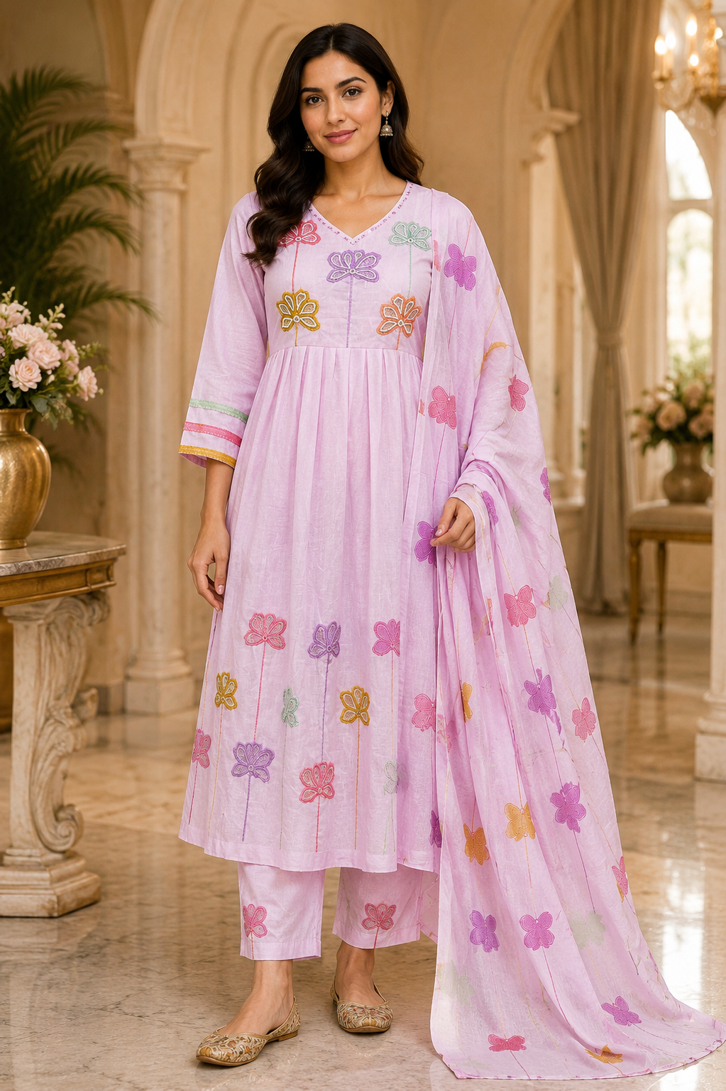 Pink Mull Cotton Round Kurti 3-Piece Set with Pant & Dupatta