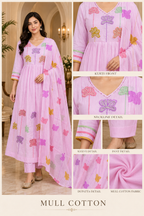 Pink Mull Cotton Round Kurti 3-Piece Set with Pant & Dupatta