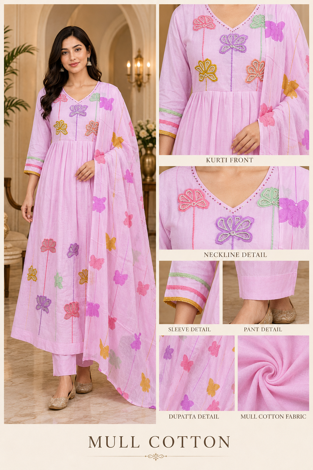 Pink Mull Cotton Round Kurti 3-Piece Set with Pant & Dupatta