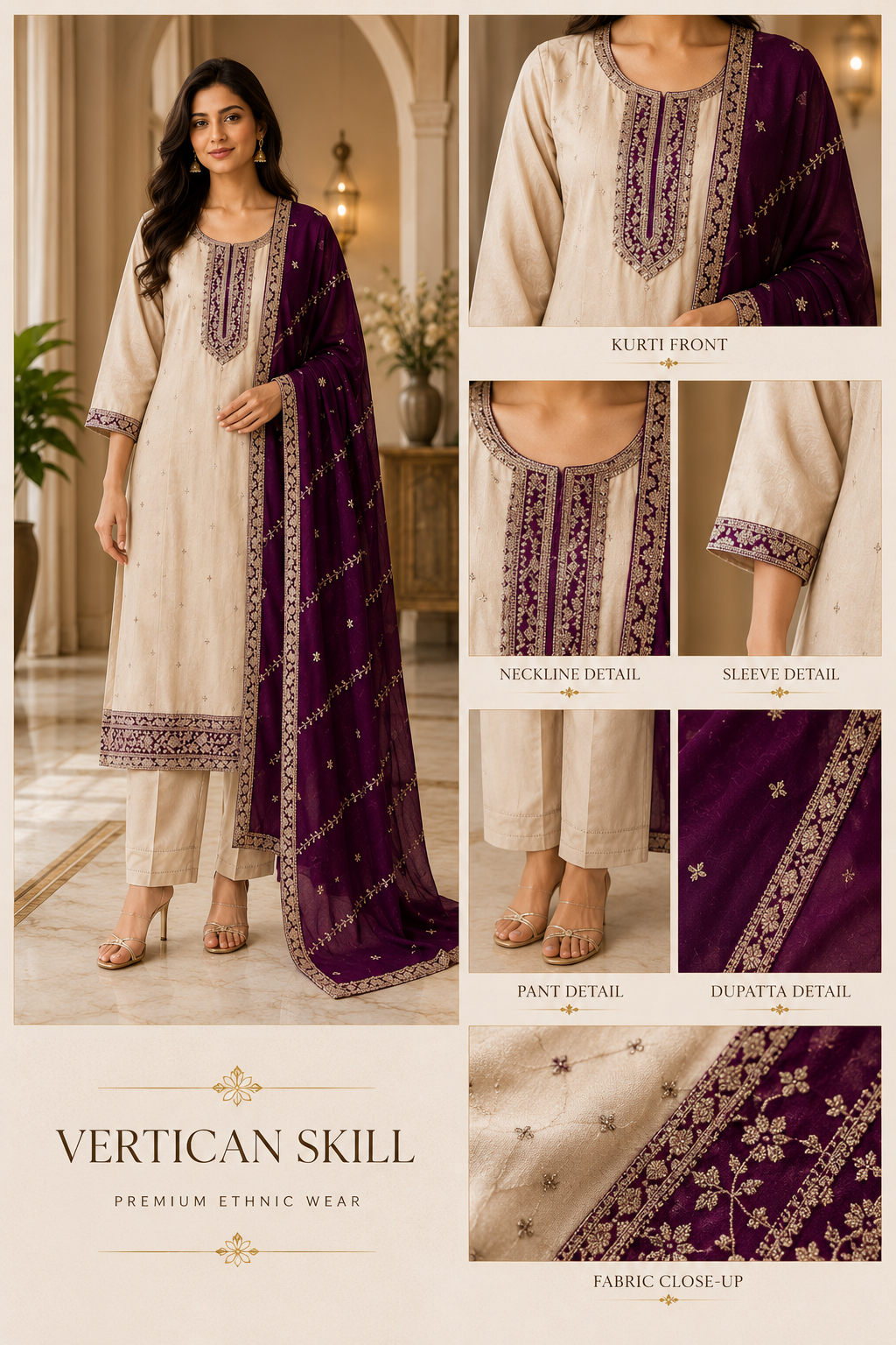 Ivory Vertican Skill A-Line Kurti 3-Piece Set with Pant & Dupatta