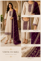 Ivory Vertican Skill A-Line Kurti 3-Piece Set with Pant & Dupatta