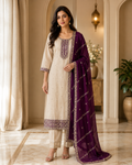Ivory Vertican Skill A-Line Kurti 3-Piece Set with Pant & Dupatta