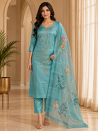 Aqua Blue ROMAN SILK 3-Piece Suit with Floral ORGANZA DUPATTA