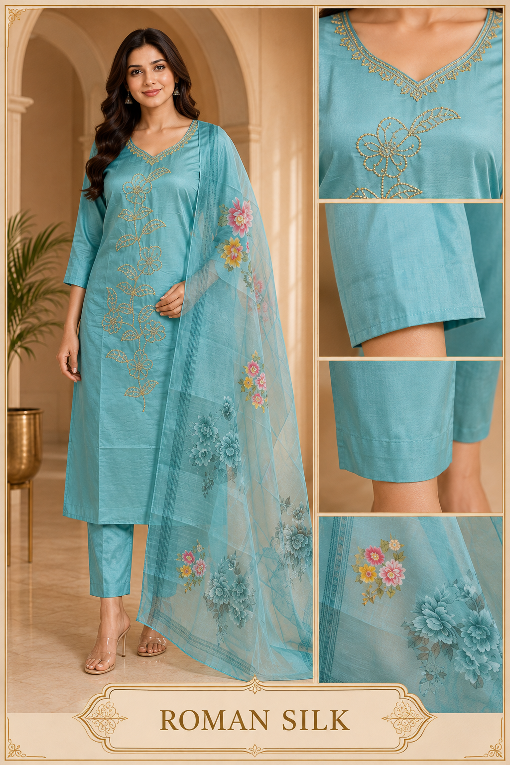 Aqua Blue ROMAN SILK 3-Piece Suit with Floral ORGANZA DUPATTA