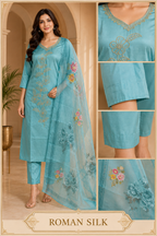 Aqua Blue ROMAN SILK 3-Piece Suit with Floral ORGANZA DUPATTA