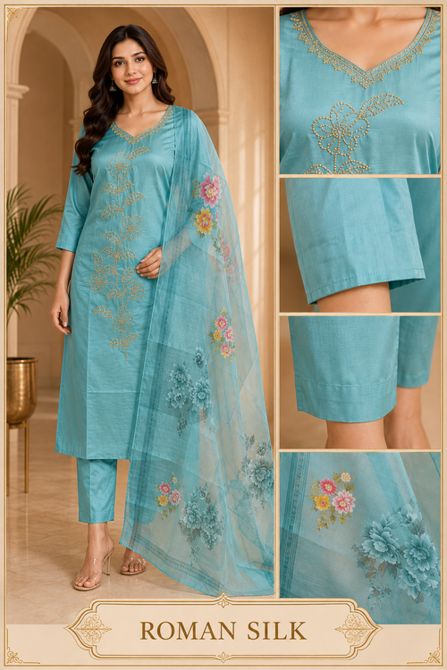 Aqua Blue ROMAN SILK 3-Piece Suit with Floral ORGANZA DUPATTA