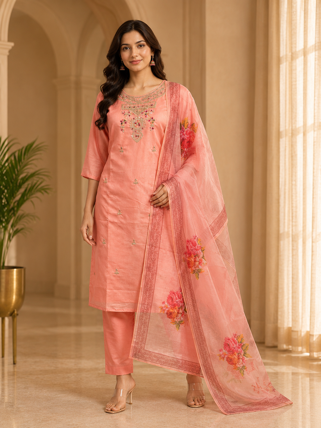 Peach ROMAN SILK 3-Piece Suit with Floral ORGANZA DUPATTA