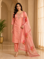 Peach ROMAN SILK 3-Piece Suit with Floral ORGANZA DUPATTA