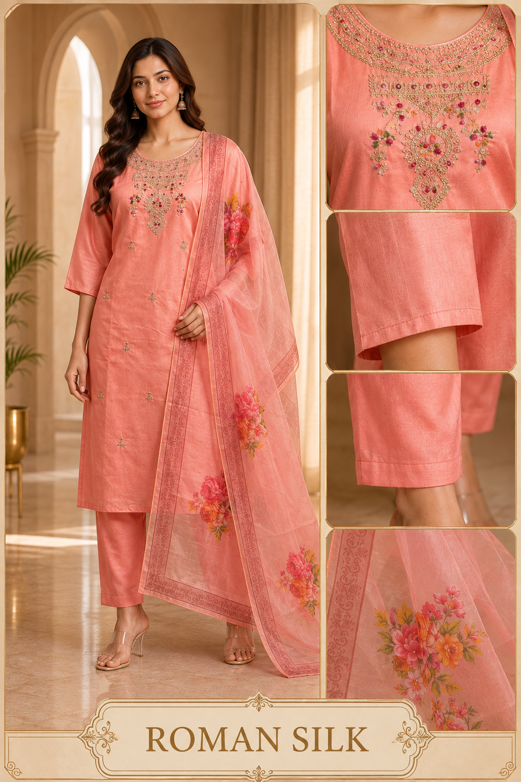 Peach ROMAN SILK 3-Piece Suit with Floral ORGANZA DUPATTA