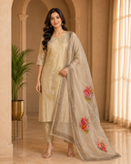 Ivory Beige ROMAN SILK 3-Piece Suit with ORGANZA DUPATTA