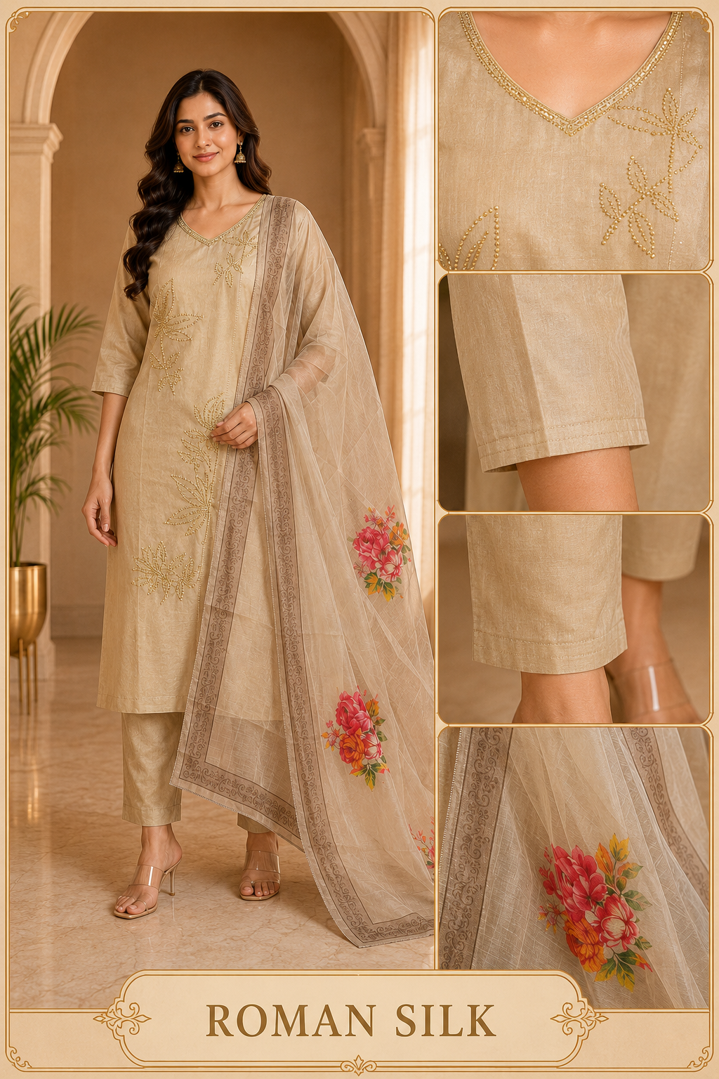 Ivory Beige ROMAN SILK 3-Piece Suit with ORGANZA DUPATTA