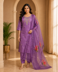 Purple ROMAN SILK Embroidered 3-Piece Suit with ORGANZA DUPATTA