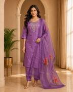 Purple ROMAN SILK Embroidered 3-Piece Suit with ORGANZA DUPATTA