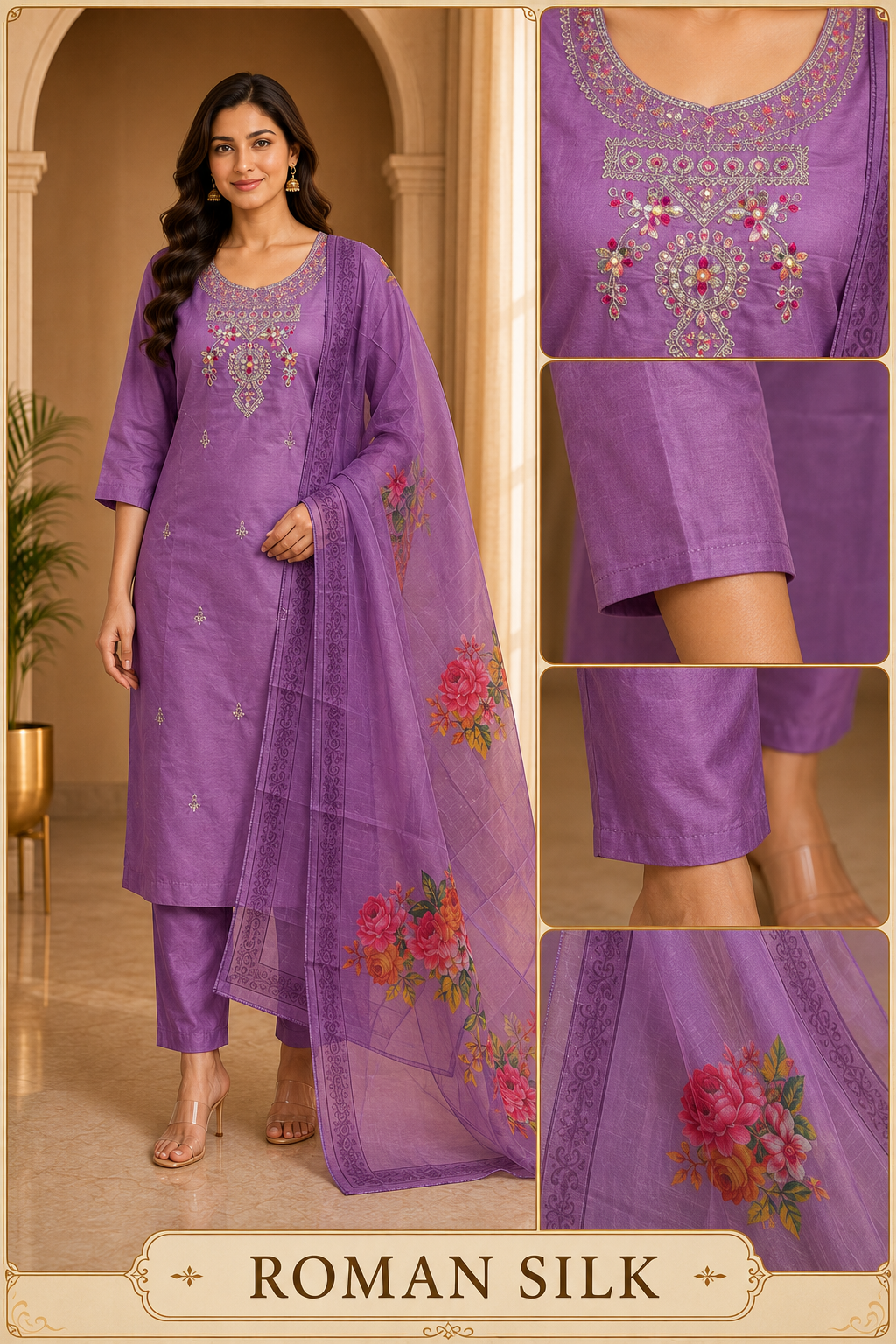 Purple ROMAN SILK Embroidered 3-Piece Suit with ORGANZA DUPATTA