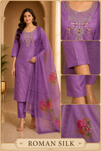 Purple ROMAN SILK Embroidered 3-Piece Suit with ORGANZA DUPATTA