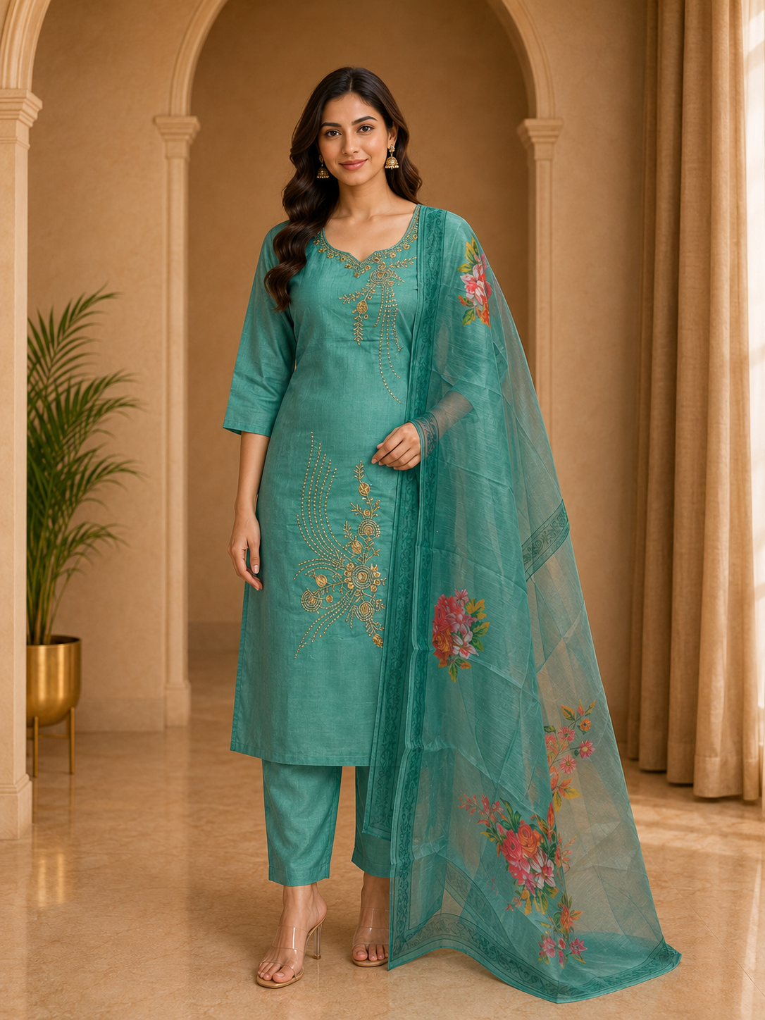 Teal Green ROMAN SILK Embroidered 3-Piece Suit with ORGANZA DUPATTA