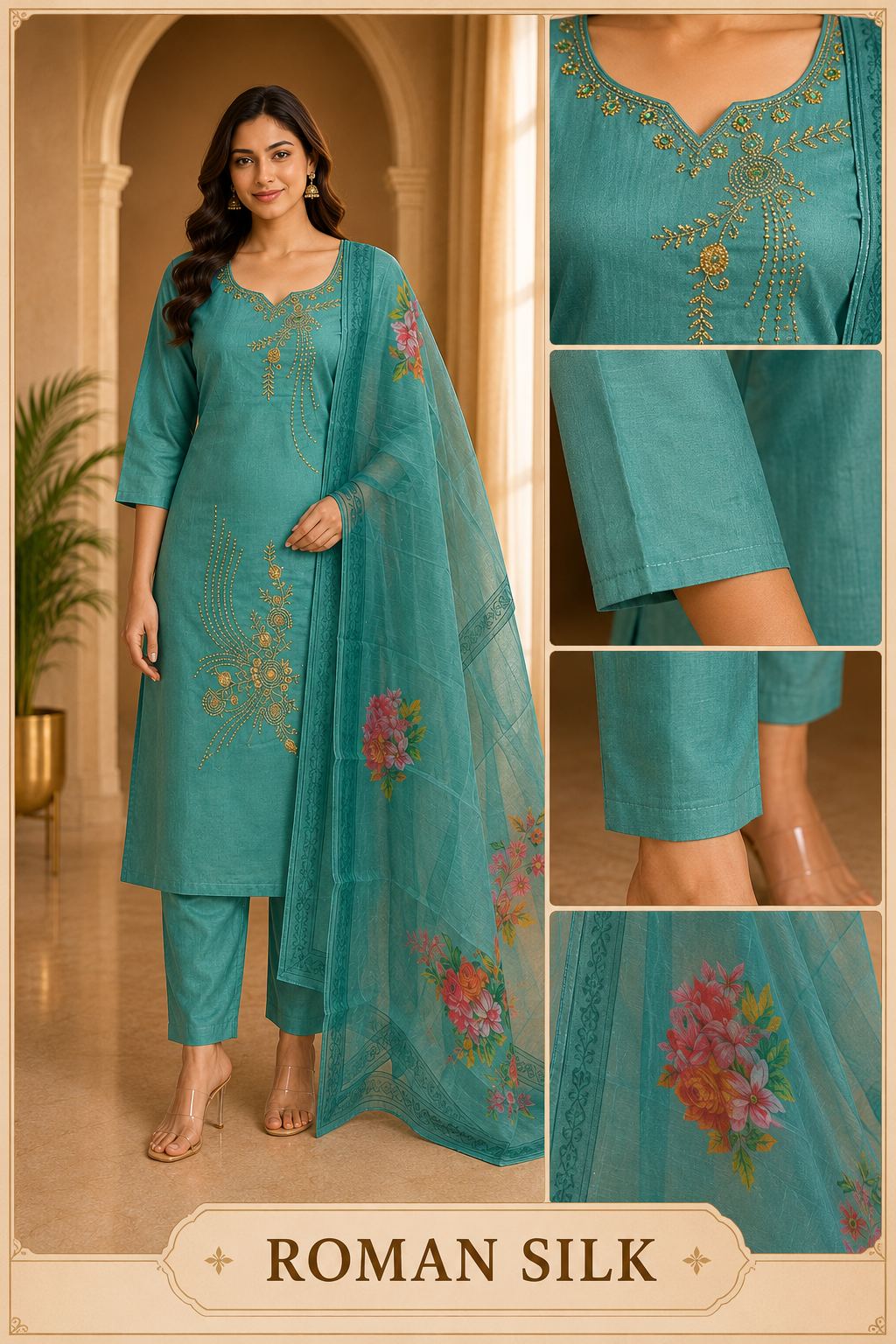 Teal Green ROMAN SILK Embroidered 3-Piece Suit with ORGANZA DUPATTA