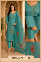 Teal Green ROMAN SILK Embroidered 3-Piece Suit with ORGANZA DUPATTA