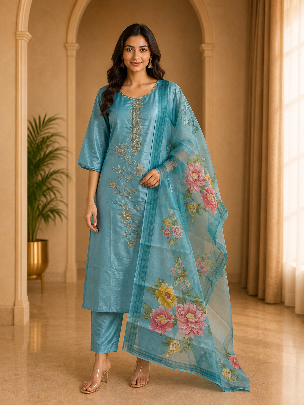 Teal Blue ROMAN SILK 3-Piece Suit with ORGANZA DUPATTA