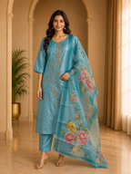 Teal Blue ROMAN SILK 3-Piece Suit with ORGANZA DUPATTA